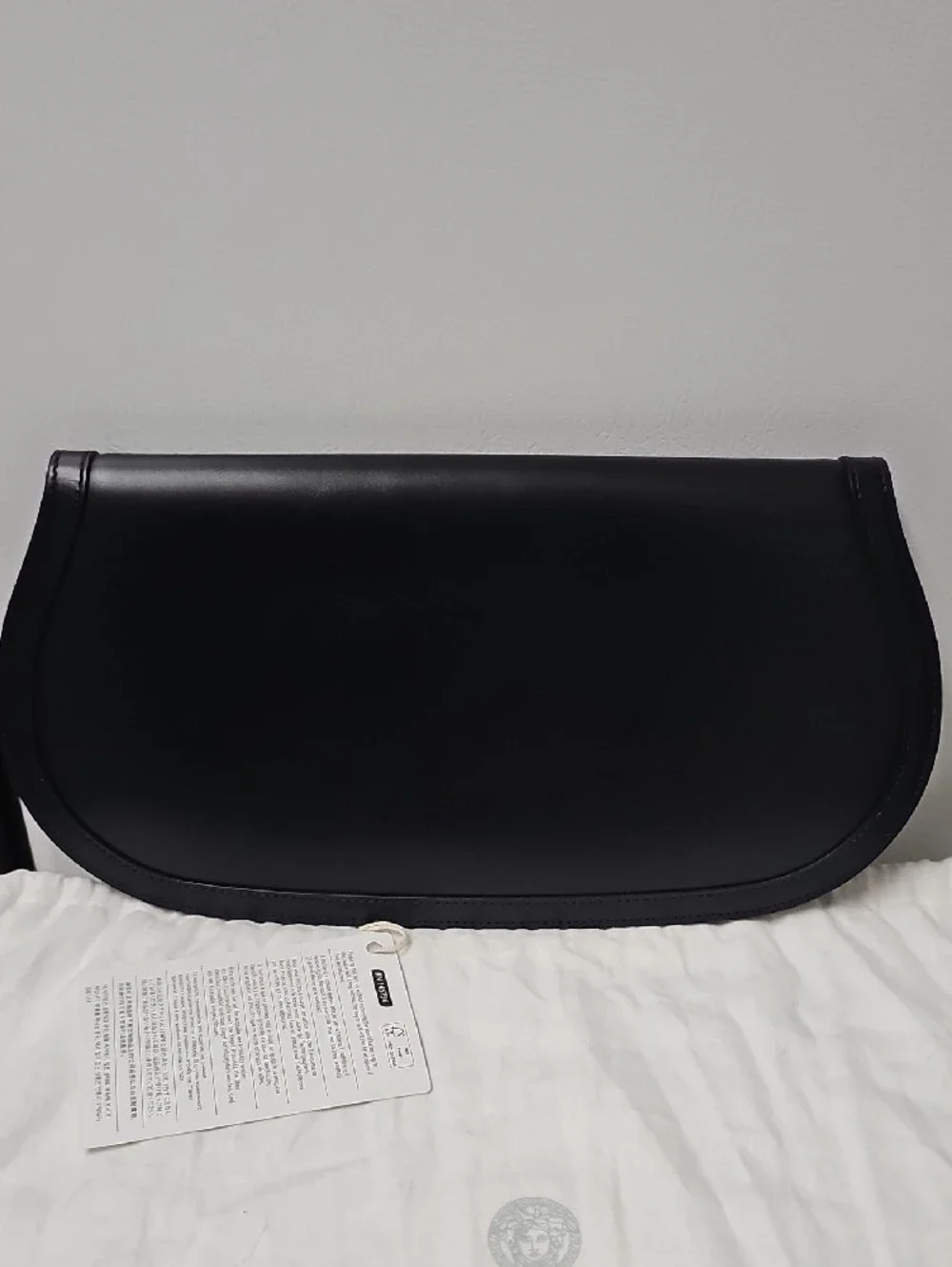 Versace Black Leather Clutch with Gold Greek Key Accent